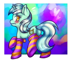 Size: 818x713 | Tagged: suggestive, artist:chocolath, derpibooru import, lyra heartstrings, pony, unicorn, blushing, clothes, female, mare, socks, solo, solo female, striped socks