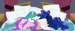 Size: 2400x1000 | Tagged: safe, artist:miss-vani, derpibooru import, princess cadance, princess celestia, princess luna, alicorn, pony, bed, cute, eyes closed, female, filly, floppy ears, mare, sisters, sleeping, trio