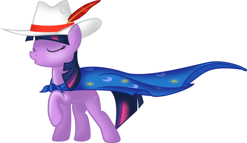 Size: 1600x925 | Tagged: safe, artist:tamalesyatole, derpibooru import, mare do well, twilight sparkle, unicorn, cape, clothes, eyes closed, feathered hat, female, hat, mare, raised hoof, solo, unicorn twilight, vector