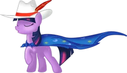 Size: 1600x925 | Tagged: safe, artist:tamalesyatole, derpibooru import, mare do well, twilight sparkle, unicorn, cape, clothes, eyes closed, feathered hat, female, hat, mare, raised hoof, solo, unicorn twilight, vector