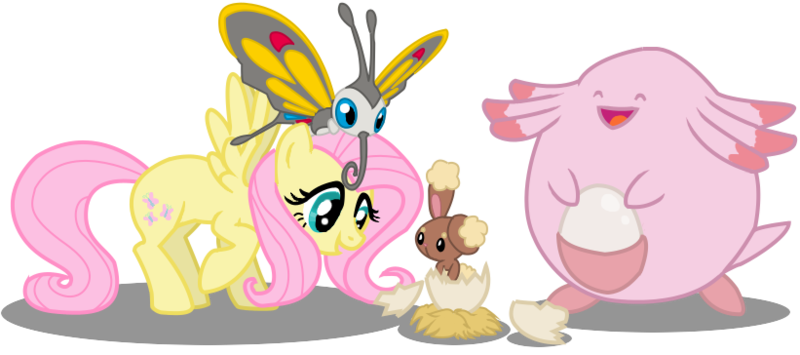 Size: 821x364 | Tagged: safe, artist:seaandsunshine, derpibooru import, fluttershy, beautifly, buneary, chansey, pegasus, pony, birth, crossover, eggshell, female, hatching, mare, pokémon, raised hoof, simple background, spread wings, transparent background, vector, wings