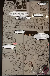 Size: 800x1200 | Tagged: safe, artist:andypriceart, derpibooru import, idw, applejack, fluttershy, pinkie pie, rainbow dash, rarity, spike, twilight sparkle, dragon, earth pony, pegasus, pony, unicorn, the return of queen chrysalis, dialogue, disguise, disguised changeling, facehoof, female, grin, male, mare, slit throat gesture, smiling, text, tongue out, wide eyes