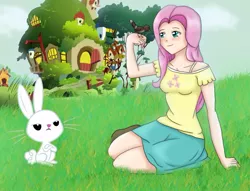 Size: 803x615 | Tagged: angel bunny, artist:sirooni, bird, clothes, cottage, derpibooru import, fluttershy, humanized, safe, skirt