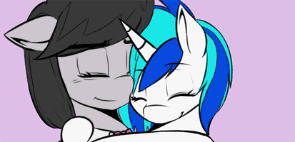 Size: 413x200 | Tagged: dead source, source needed, safe, artist:spittfireart, derpibooru import, octavia melody, vinyl scratch, animated, female, floppy ears, hug, lesbian, nudging, nuzzling, scratchtavia, shipping