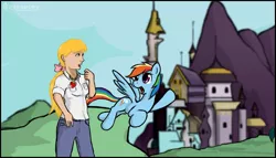 Size: 1207x690 | Tagged: safe, artist:tetrapony, derpibooru import, megan williams, rainbow dash, human, pony, canterlot, g1, g1 to g4, generation leap