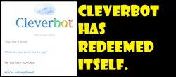 Size: 772x340 | Tagged: cleverbot, derpibooru import, meme, redemption, safe, scootaloo, text, yellow words