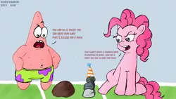 Size: 1600x900 | Tagged: artist:scobionicle99, crossover, derpibooru import, patrick star, pinkie pie, rock fight, rocky, safe, spongebob squarepants, the great snail race