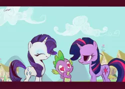 Size: 3484x2474 | Tagged: safe, artist:my-magic-dream, derpibooru import, rarity, spike, twilight sparkle, alternate hairstyle, female, happy, heart, high res, love, male, scene interpretation, shipping, sparity, straight, unhappy