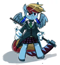 Size: 554x601 | Tagged: safe, artist:kevinsano, derpibooru import, rainbow dash, anthro, unguligrade anthro, alternate hairstyle, crossover, maka albarn, scythe, soul eater, twintails, weapon