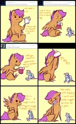 Size: 2060x3359 | Tagged: artist:feathersandink, ask, ask that scootaloo, comic, derpibooru import, drink, drinking, heart, high res, plushie, rainbow dash, safe, scootaloo, that scootaloo, tumblr