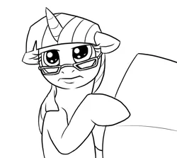 Size: 631x564 | Tagged: safe, artist:c0nker, derpibooru import, twilight sparkle, pony, unicorn, black and white, female, floppy ears, glasses, grayscale, implied facehoof, implied facepalm, mare, monochrome, newspaper, parody, reaction image, simple background, solo, tommy lee jones, twilight is not amused, white background