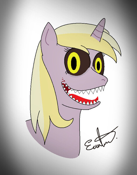 Size: 644x822 | Tagged: safe, artist:estevangel, derpibooru import, dinky hooves, unicorn, black sclera, female, filly, sharp teeth, solo, teeth