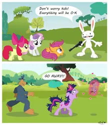 Size: 4205x4793 | Tagged: absurd resolution, apple bloom, artist:alcrd119, crossover, cutie mark crusaders, derpibooru import, gun, max, safe, sam, sam and max, sanity slippage, scootaloo, smarty pants, sweetie belle, twilight snapple, twilight sparkle, vector, want it need it, weapon
