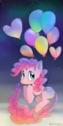 Size: 1100x2200 | Tagged: safe, artist:hektious, derpibooru import, pinkie pie, pony, atmosphere, balloon, cute, diapinkes, flying, solo, stars, then watch her balloons lift her up to the sky