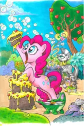 Size: 800x1191 | Tagged: safe, artist:andypriceart, derpibooru import, idw, official, gummy, pinkie pie, zecora, earth pony, pony, zebra, bubble, cake, cauldron, cover, idw advertisement, official comic, record