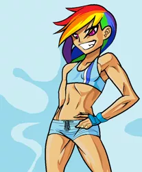 Size: 600x726 | Tagged: armpits, artist:hureno, belly button, breasts, clothes, delicious flat chest, derpibooru import, human coloration, humanized, midriff, rainbow dash, rainbow flat, safe, sports bra, sports shorts