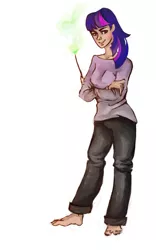 Size: 625x1000 | Tagged: artist:maaronn, barefoot, derpibooru import, feet, humanized, magic, safe, solo, twilight sparkle, wand