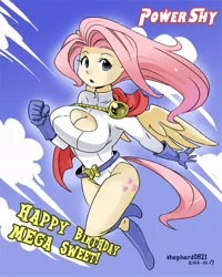 Size: 700x874 | Tagged: ambiguous facial structure, anthro, artist:shepherd0821, big breasts, breasts, busty fluttershy, cleavage, costume, derpibooru import, female, fluttershy, power girl, safe, solo