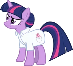 Size: 976x888 | Tagged: safe, artist:theairgonaut, derpibooru import, twilight sparkle, pony, unicorn, alternate hairstyle, clothes, female, hair bun, lab coat, mare, scientist, simple background, solo, transparent background, unicorn twilight, vector