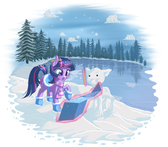 Size: 1340x1173 | Tagged: safe, artist:kittehkatbar, derpibooru import, twilight sparkle, unicorn, blue prints, blueprint, boots, clothes, featured image, image, lake, magic, measuring, png, saddle, scarf, simple background, snow, snowfall, snowpony, solo, transparent background, unicorn twilight, water, winter