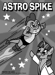 Size: 500x682 | Tagged: artist:tim-kangaroo, astro boy, black and white, crossover, derpibooru import, flying, glasses, grayscale, open mouth, pointing, safe, smiling, spike, twilight sparkle