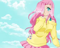 Size: 1486x1200 | Tagged: anime, artist:shinobialchemist, breasts, busty fluttershy, clothes, derpibooru import, female, fluttershy, hair over one eye, humanized, safe, skirt, sweater, sweatershy
