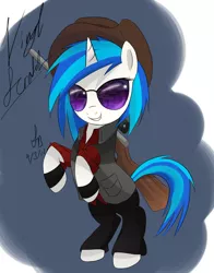 Size: 900x1150 | Tagged: safe, artist:sketchbookfim, derpibooru import, vinyl scratch, pony, unicorn, clothes, female, gun, hat, hooves, horn, mare, optical sight, rifle, smiling, sniper, sniper rifle, solo, sunglasses, team fortress 2, weapon