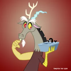 Size: 600x600 | Tagged: safe, artist:tim-kangaroo, derpibooru import, discord, draconequus, claw hold, fangs, gradient background, kitchen sink, male, signature, solo, thinking