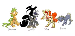 Size: 1132x546 | Tagged: semi-grimdark, artist:ishoka, derpibooru import, bat pony, earth pony, pony, death, emaciated, ethereal mane, famine, four horsemen of the apocalypse, horseman of death, horseman of famine, horseman of pestilence, horseman of war, pestilence, quartet, rearing, sick, simple background, war, white background