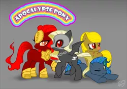 Size: 1240x873 | Tagged: safe, derpibooru import, oc, unofficial characters only, apocalypse ponies, boils, female, four horsemen of the apocalypse, four horses of the apocalypse, gray background, hoof shoes, horseman of death, horseman of famine, horseman of pestilence, horseman of war, image, mare, png, quartet, robot chicken, simple background