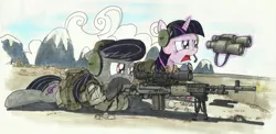 Size: 2328x1136 | Tagged: safe, artist:buckweiser, derpibooru import, octavia melody, twilight sparkle, earth pony, pony, unicorn, binoculars, cutie mark, female, floppy ears, gun, hooves, horn, lying down, m14, m14 ebr, mare, open mouth, optical sight, picatinny rail, rifle, scope, shooting, sniper, sniper and spotter, sniper rifle, soldier, solo, spotter, traditional art, weapon