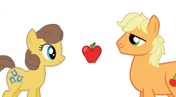 Size: 1273x704 | Tagged: safe, artist:starryoak, derpibooru import, applejack, toffee, earth pony, pony, applejack (male), female, hatless, male, missing accessory, rule 63, shipping, simple background, straight, toffeejack, transparent background