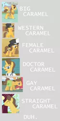 Size: 850x1701 | Tagged: safe, derpibooru import, edit, edited screencap, screencap, caramel, chance-a-lot, creme brulee, doctor horse, doctor stable, toffee, earth pony, pony, unicorn, hearts and hooves day (episode), read it and weep, the last roundup, winter wrap up, background pony, collage, comparison, eyes closed, female, floppy ears, gay, hearts and hooves day, male, mare, rule 63, sad, smiling, stallion, straight, text, title sequence