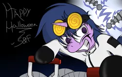 Size: 855x545 | Tagged: artist:spikeandfriends, costume, creepy, derpibooru import, electricty, goggles, halloween, insanity, jack spicer, leather, mad scientist, makeup, messy mane, nightmare night, safe, science, spooky, twilight sparkle