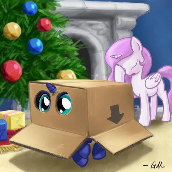 Size: 640x640 | Tagged: safe, alternate version, artist:giantmosquito, derpibooru import, princess celestia, princess luna, pony, box, cardboard box, cewestia, christmas, christmas tree, cute, cutelestia, facehoof, female, filly, holiday, lunabetes, pony in a box, present, tree, woona, younger