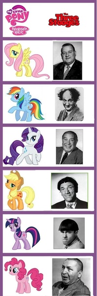 Size: 600x1815 | Tagged: safe, derpibooru import, applejack, fluttershy, pinkie pie, rainbow dash, rarity, twilight sparkle, pony, comparison, curly howard, curly joe derita, joe besser, larry fine, meta, moe howard, photo, shemp howard, the three stooges