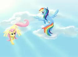 Size: 1050x768 | Tagged: safe, artist:cgskillz, derpibooru import, fluttershy, rainbow dash, pegasus, pony, cloud, crepuscular rays, duo, duo female, female, flying, mare, sky, smiling, spread wings, wings