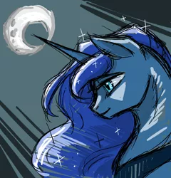 Size: 2000x2086 | Tagged: safe, artist:valkyrie-girl, derpibooru import, princess luna, alicorn, pony, bust, crescent moon, female, high res, mare, moon, portrait, sketch, solo