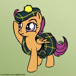 Size: 700x700 | Tagged: safe, artist:launchycat, derpibooru import, scootaloo, pegasus, pony, britain, clothes, female, filly, gradient background, green background, hat, kilt, pun, scotaloo, scottaloo, scottish, simple background, solo, tartan, visual pun