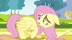 Size: 1280x720 | Tagged: artist:capnpea, cowering, derpibooru import, edit, edited screencap, eye, eyes, eye scream, fimbriae, fluttershy, hurricane fluttershy, i'm not okay, internal screaming, looking back, picture in picture, raised hoof, running track, screencap, semi-grimdark, solo, wat