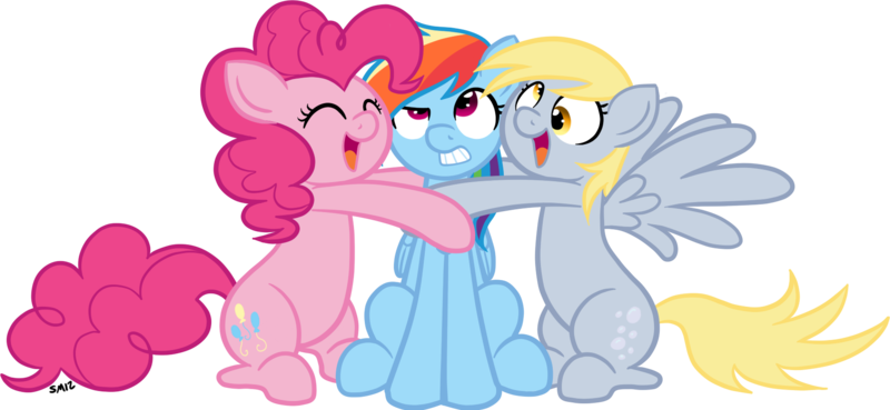 Size: 1781x821 | Tagged: safe, artist:serenamidori, derpibooru import, derpy hooves, pinkie pie, rainbow dash, pegasus, pony, commission, female, hug, hug sandwich, mare