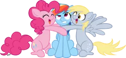 Size: 1781x821 | Tagged: safe, artist:serenamidori, derpibooru import, derpy hooves, pinkie pie, rainbow dash, pegasus, pony, commission, female, hug, hug sandwich, mare