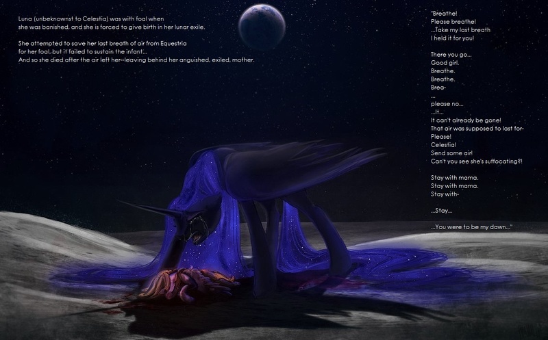 Size: 1133x704 | Tagged: grimdark, artist:cosmicunicorn, derpibooru import, nightmare moon, alicorn, pony, birth, blood, crying, death, eyes closed, feels, female, floppy ears, foal, long mane, long tail, mare, missing accessory, moon, open mouth, planet, sad, space, text
