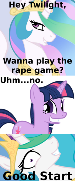 Size: 417x1000 | Tagged: comic, derpibooru import, imminent rape, princess celestia, princess molestia, >rape, rape, rape game, rape joke, semi-grimdark, suggestive, twilight sparkle