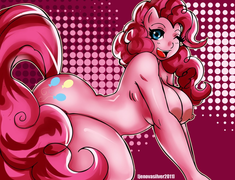 Size: 3288x2520 | Tagged: ambiguous facial structure, anthro, armpits, artist:jenovasilver, balloonbutt, big breasts, breasts, busty pinkie pie, cleavage, curvy, derpibooru import, female, looking at you, nipples, nudity, one eye closed, pinkie pie, pinkie thighs, questionable, sideass, solo, solo female, thunder thighs, wink