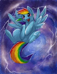 Size: 700x906 | Tagged: artist:foxenawolf, derpibooru import, flying, happy, hooves, rain, rainbow dash, safe, smiling, thunderstorm, water, wet