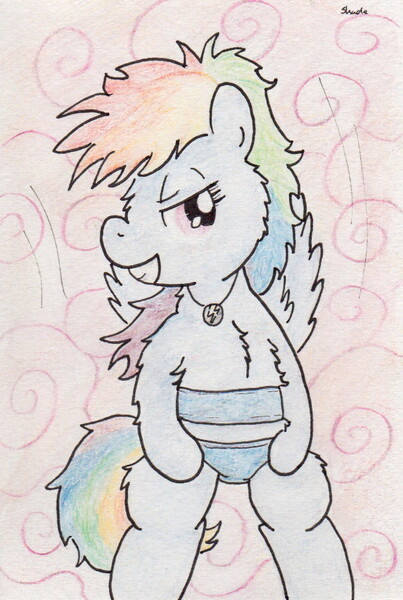 Size: 605x900 | Tagged: artist:slightlyshade, bikini, chest fluff, clothes, crotchboobikini, derpibooru import, female, fluffy, rainbow dash, solo, solo female, suggestive, swimsuit, traditional art