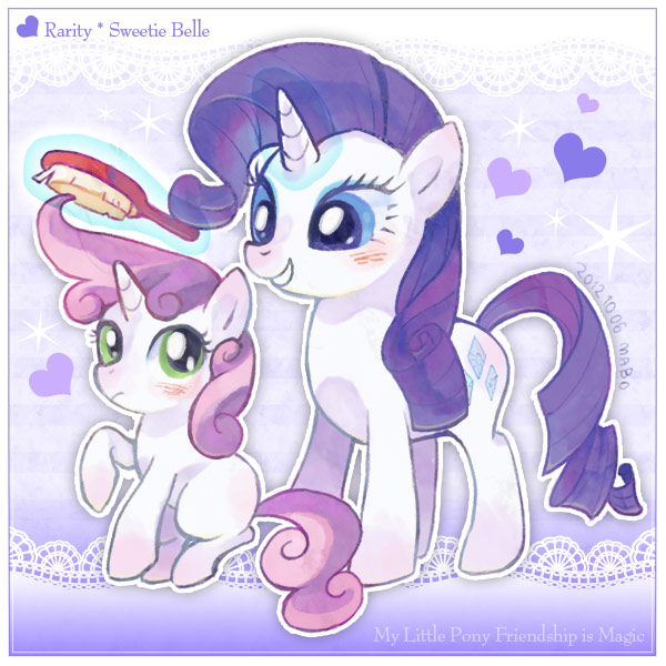 Size: 600x600 | Tagged: safe, artist:shimabo, derpibooru import, rarity, sweetie belle, pony, unicorn, blushing, brushie, duo, duo female, female, filly, heart, mare, pixiv, sisters