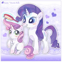 Size: 600x600 | Tagged: safe, artist:shimabo, derpibooru import, rarity, sweetie belle, pony, unicorn, blushing, brushie, duo, duo female, female, filly, heart, mare, pixiv, sisters