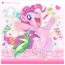 Size: 600x600 | Tagged: artist:shimabo, blushing, confetti, cute, derpibooru import, diapinkes, duo, gummy, hat, heart, noisemaker, one eye closed, open mouth, party hat, pinkie pie, pixiv, safe, wink